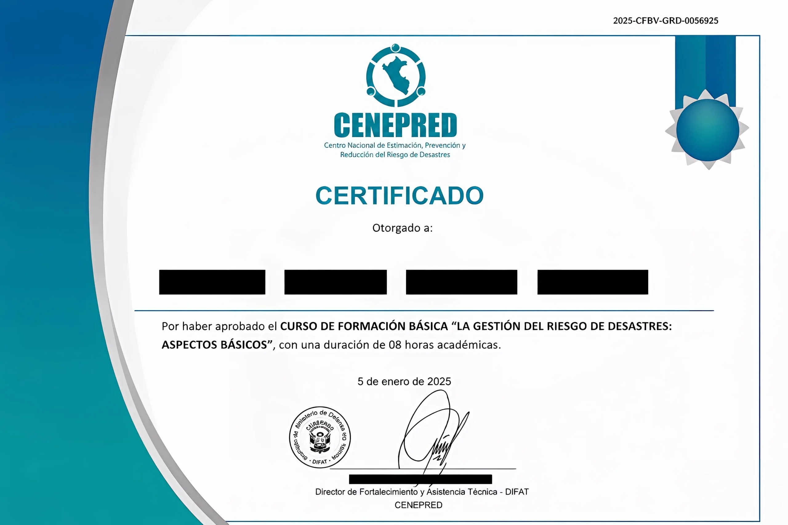 Certificado de un curso gratuito del CENEPRED