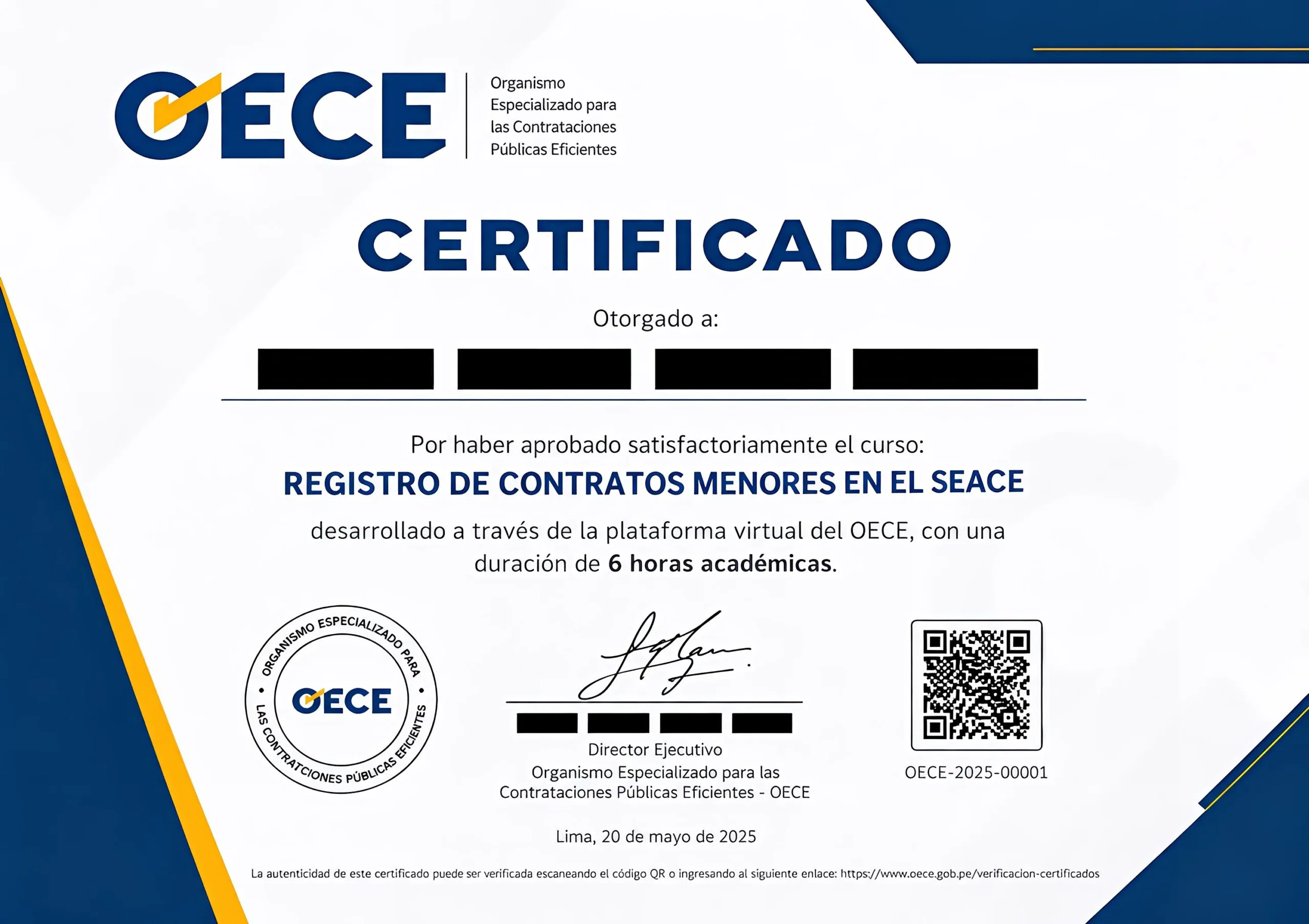 Certificado de un curso gratuito del OECE