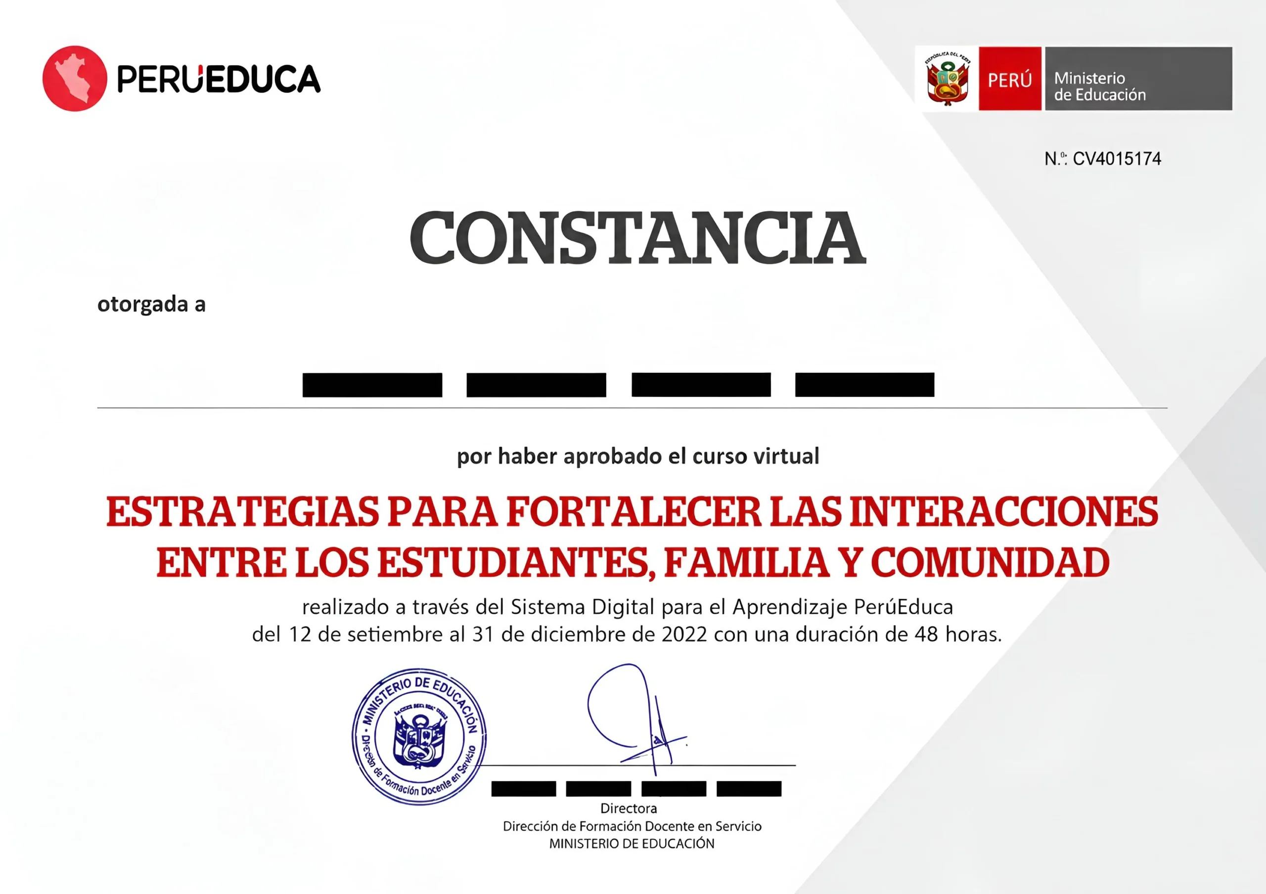 Constancia de un curso gratuito de PerúEduca