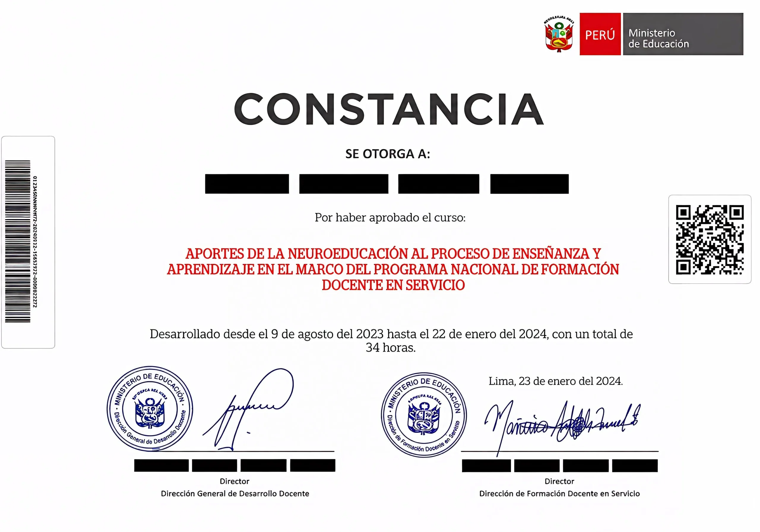 Constancia de un curso gratuito de SIFODS